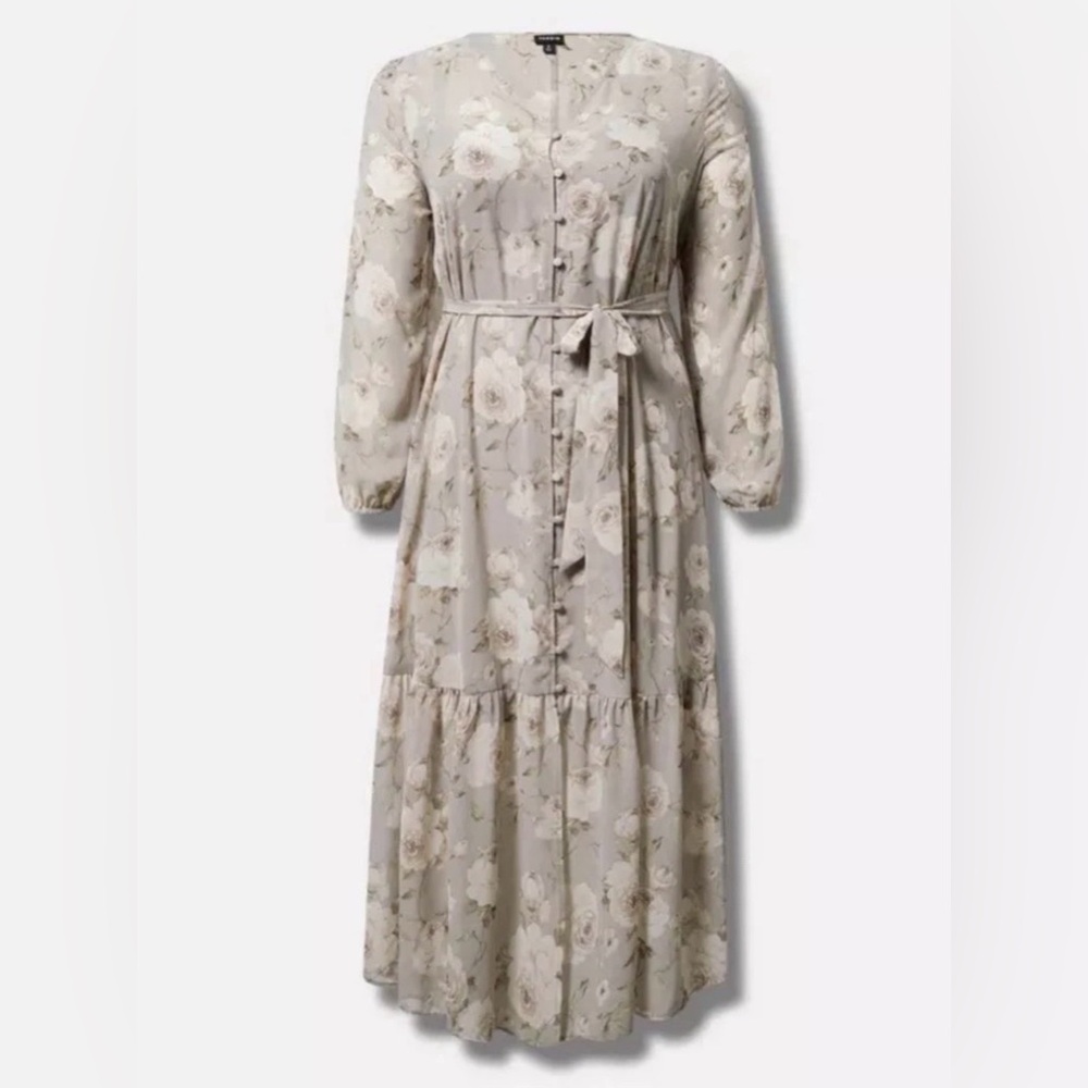 Torrid Women's Maxi Chiffon Tiered Floral Grey Dress Size 1X NWT *MISSING BELT*